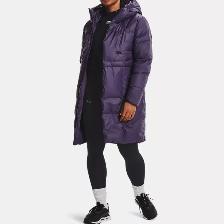 Under Armour Solid Color Hooded Fitted Moderate Mid Length Gray Duck Down Down Jacket Women's Purple-2