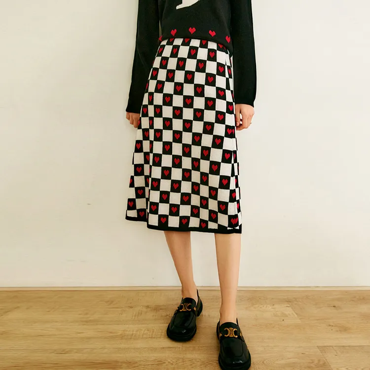 Olrain Knit Long Skirts Women's Checkerboard-3