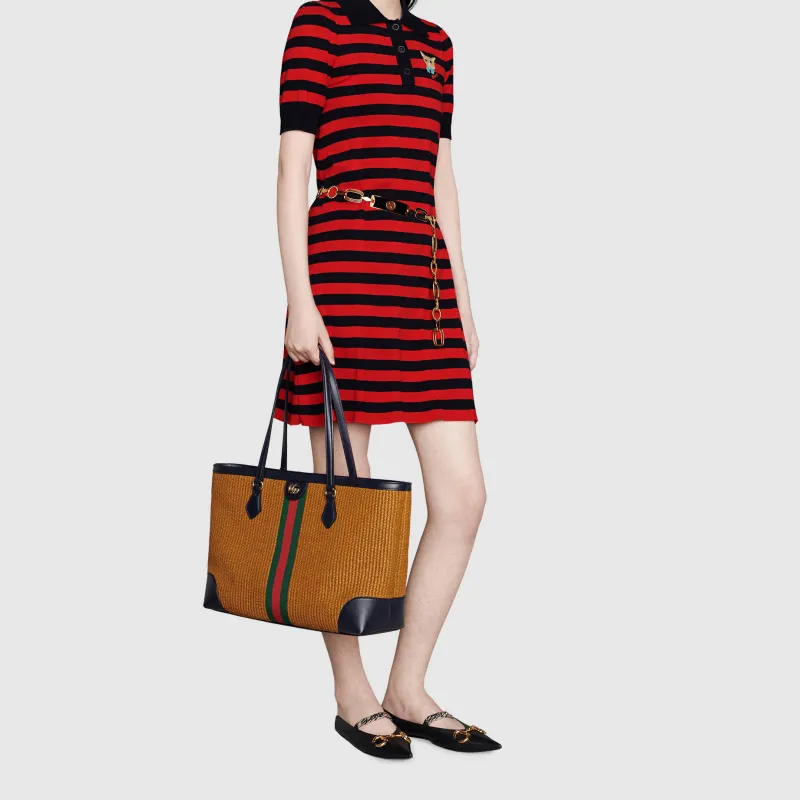 GUCCI Ophidia Fabric With Leather Tote Bag Shopping Bag Shoulder Bag Handbag Medium Size Women's Camel/Dark Blue-8