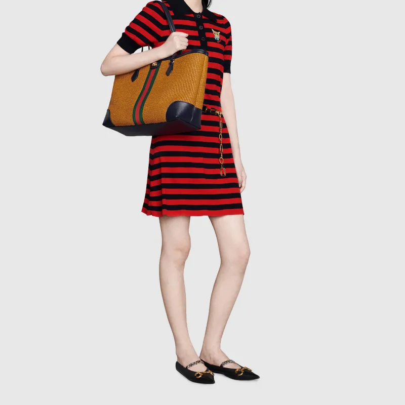 GUCCI Ophidia Fabric With Leather Tote Bag Shopping Bag Shoulder Bag Handbag Medium Size Women's Camel/Dark Blue-9