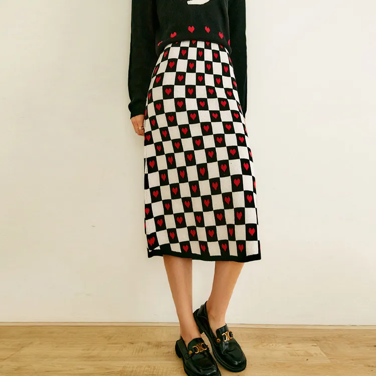 Olrain Knit Long Skirts Women's Checkerboard-1