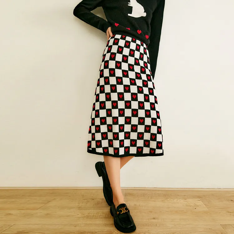 Olrain Knit Long Skirts Women's Checkerboard-2