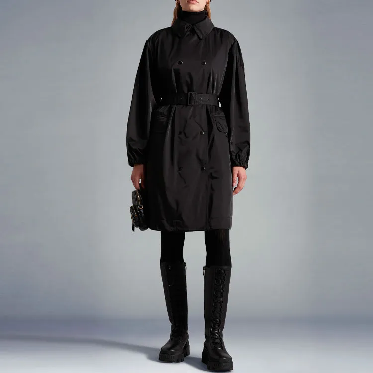Moncler FW22 Solid Color Detachable Hood Fitted Moderate Mid-Length Down Jacket Women's Black-1