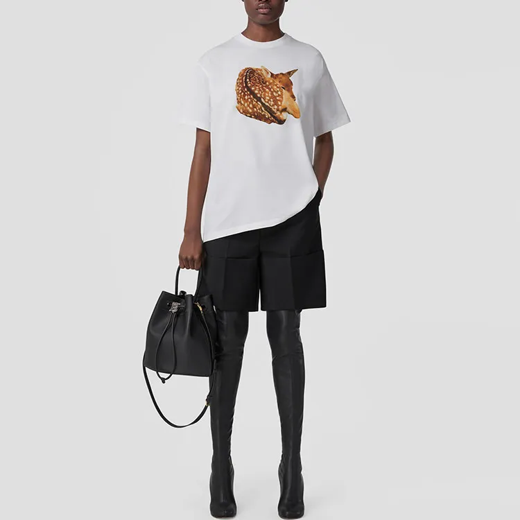 Burberry Deer Print Crew Neck Casual Short Sleeved T Shirt T Shirt Women's White-1