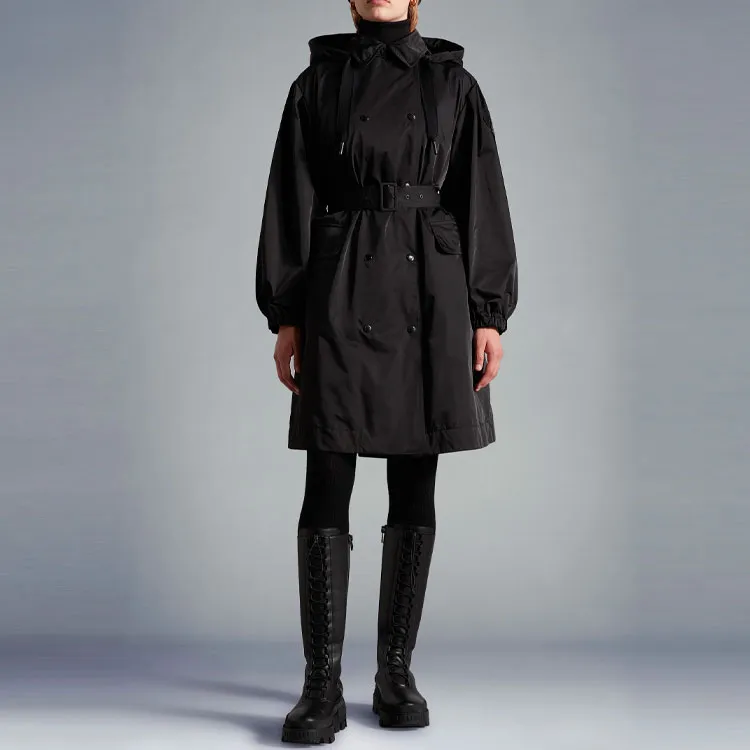 Moncler FW22 Solid Color Detachable Hood Fitted Moderate Mid-Length Down Jacket Women's Black-2