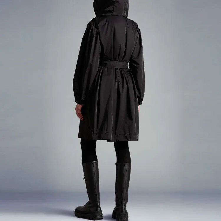 Moncler FW22 Solid Color Detachable Hood Fitted Moderate Mid-Length Down Jacket Women's Black-3