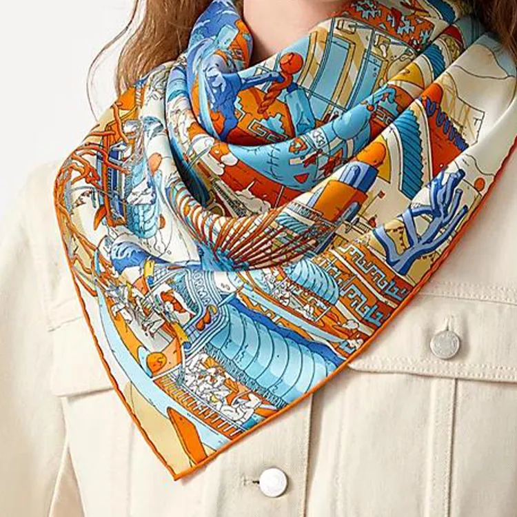 HERMES Silk Scarves Women's Orange/Blue-1