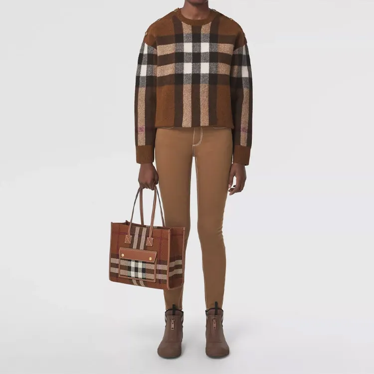 Burberry Freya Calfskin Patchwork Fabric Tote Bag Shopping Bag Shoulder Bag Handbag Small Size Women's Birch Brown-6