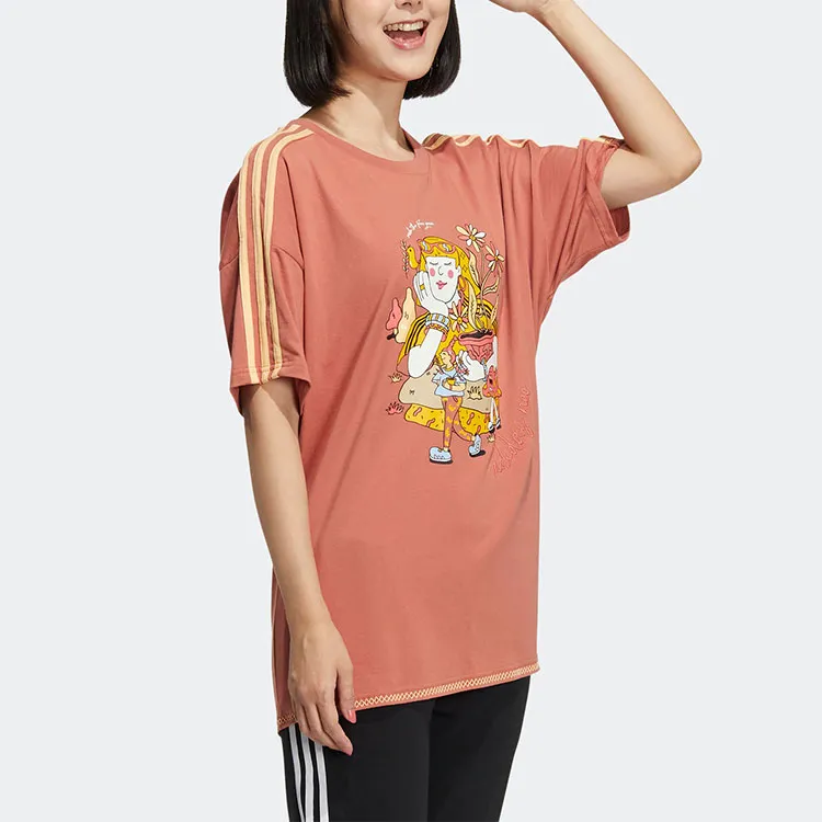 Adidas Neo Drop Shoulder Sleeve T Shirt Women's Brown Red-3