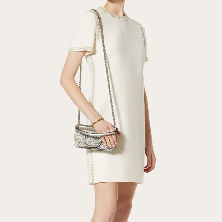 Valentino Locò Leather Embroidery Baguette Bag Shoulder Bag, Handbag Small Size Women's Silver-5