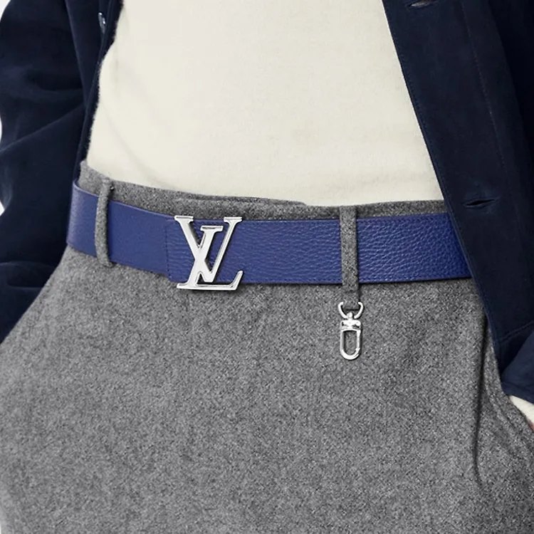 LOUIS VUITTON INITIALES TAURILLON Leather Belt Men's Blue Width  4cm-2