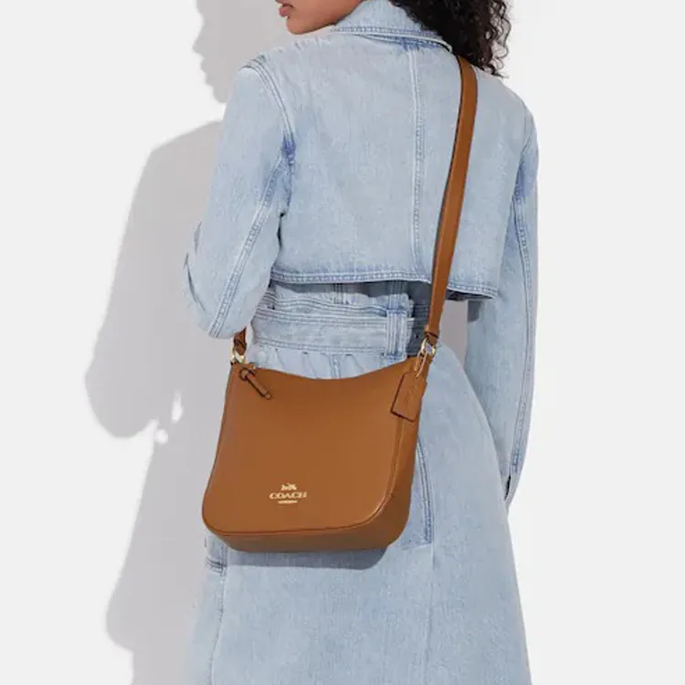 COACH Ellie Pebbled Leather File Bag Shoulder Bag Crossbody Bag Medium Size Women's Saddle Color-4