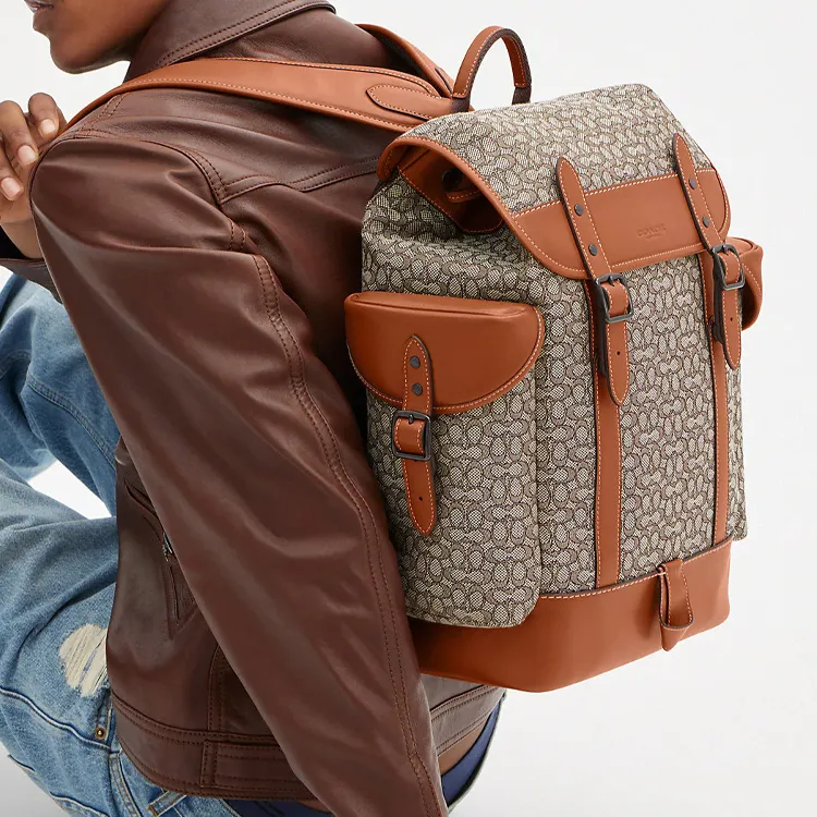 COACH Hitch Jacquard With Genuine Calfskin Backpack Large Size Men's Gray & Brown-4