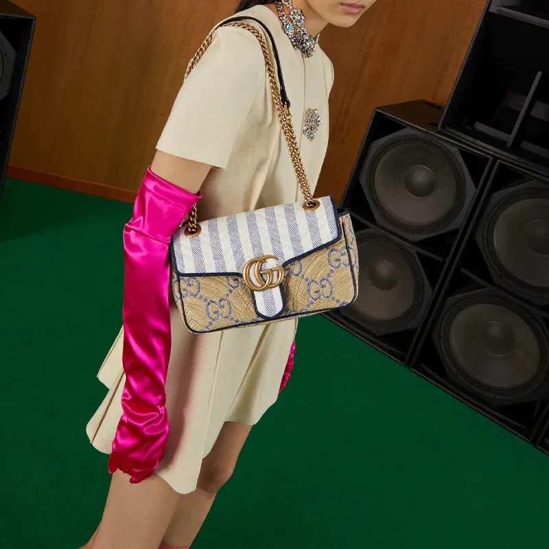 GUCCI Marmont Raffia Patchwork Leather Shoulder Bag Women's-8