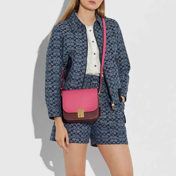 COACH Hutton Leather Saddle Bag Crossbody Shoulder Bag Women's Pink Purple Mix-7