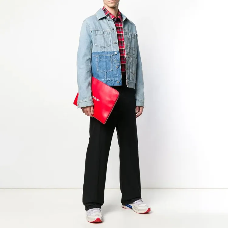 OFF WHITE Leather Pochette Clutch Unisex Red-5