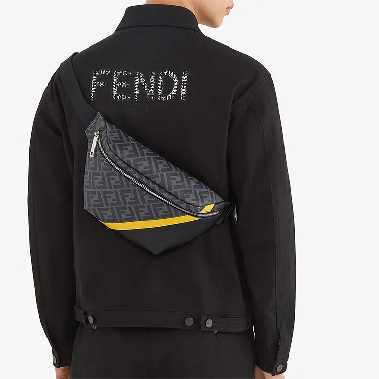 FENDI Coated Canvas With Leather Sling Bag Shoulder Bag Crossbody Bag Fanny Pack Regular Men's Black/Gray Color/Yellow-5