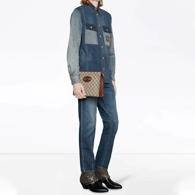 GUCCI Horsebit 1955 Canvas With Leather Clutch Unisex Ebony/Brown-5