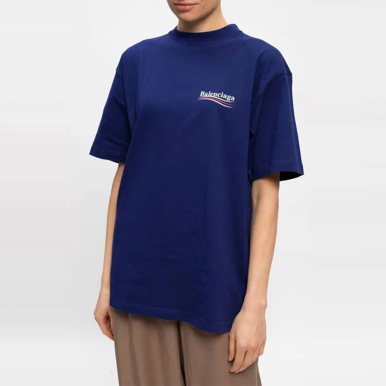 Balenciaga Drop Shoulder Sleeve T Shirt Women's Dark Blue Loose Fit Style-4