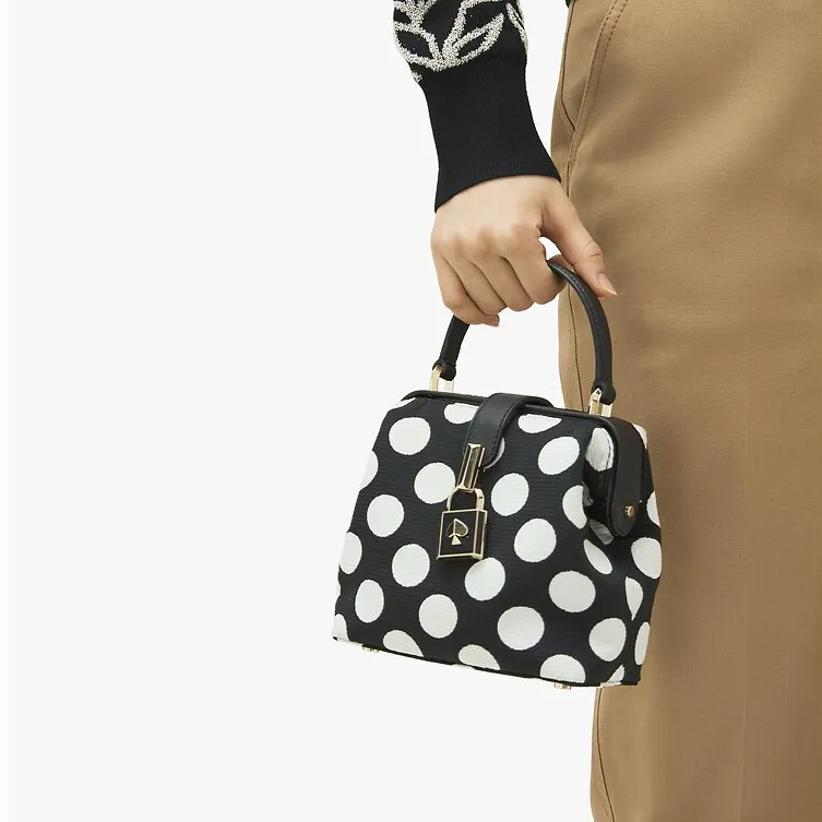 Kate Spade Remedy Fabric Doctor Bag Shoulder Bag Crossbody Bag Handbag Small Size Women's Black With White Polka Dots-3
