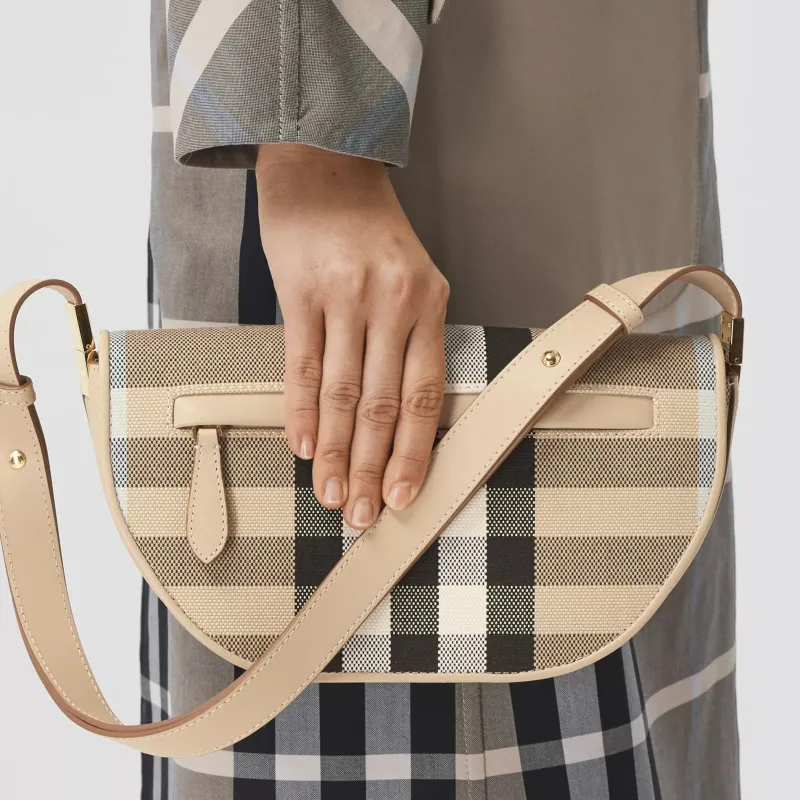 Burberry Olympia Plaid Canvas With Leather Ellenria Half Moon Bag Portable Crossbody Bag Shoulder Bag Women's Beige-7