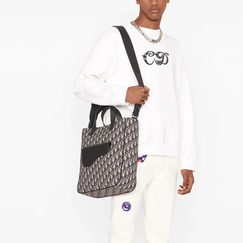 DIOR Saddle Cow Leather Tote Bag Shopping Bag Handbag Shoulder Bag Crossbody Bag Men's Beige & Black-3
