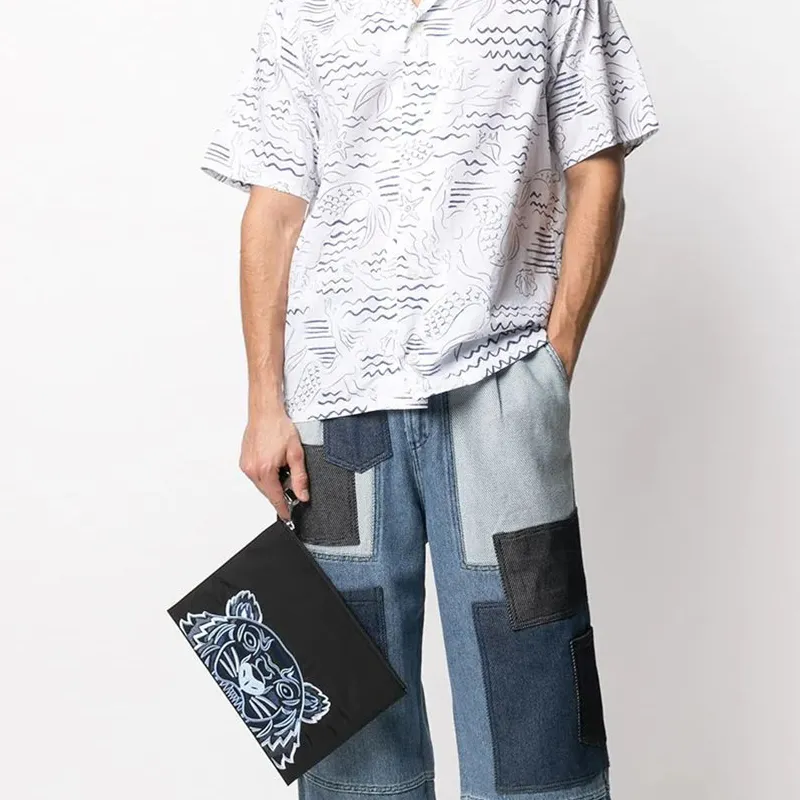 KENZO Nylon Fabric Handbag Clutch Tubas Men's Black Blue Multicolor-4
