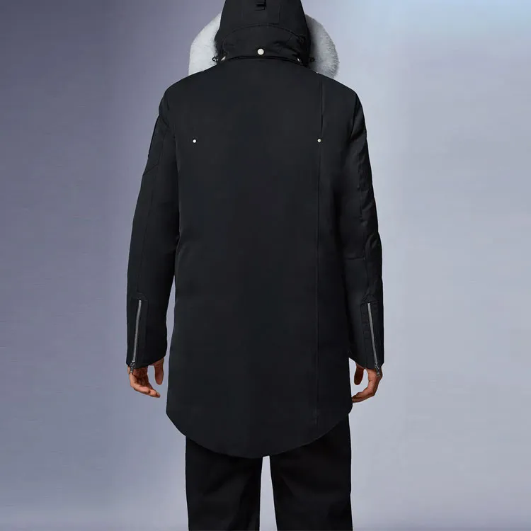 Moose Knuckles FW21 Solid Color Hooded Mid Length Down Jacket Men's Black-2