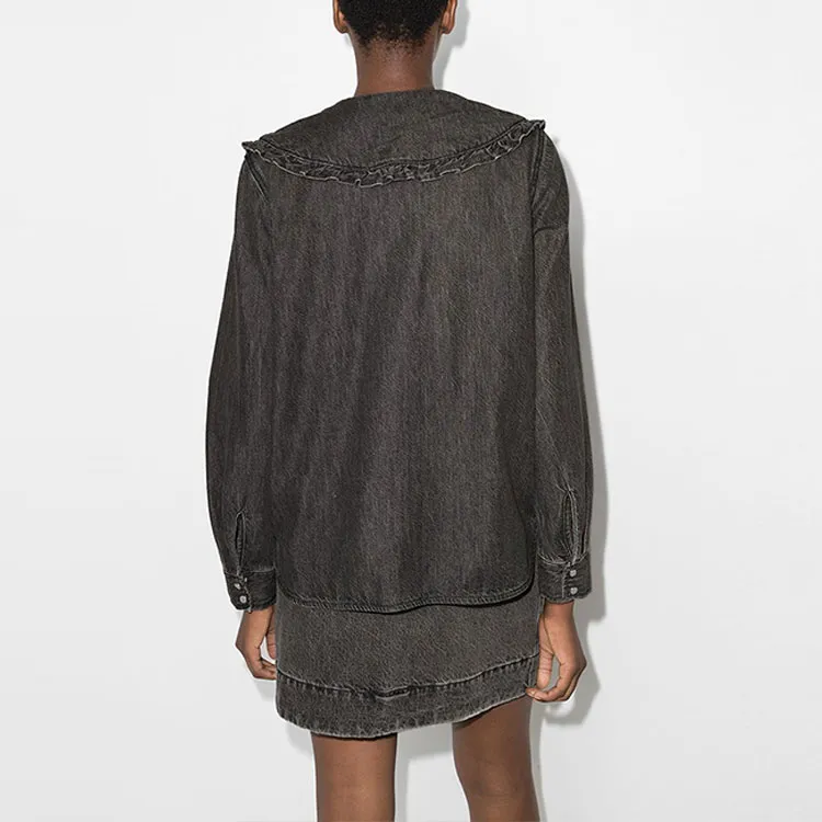GANNI Oversized Ruffle Collar Denim Blouse-2