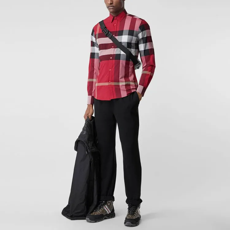Burberry Men Check Stretch Cotton Poplin Shirt Parade Red-3