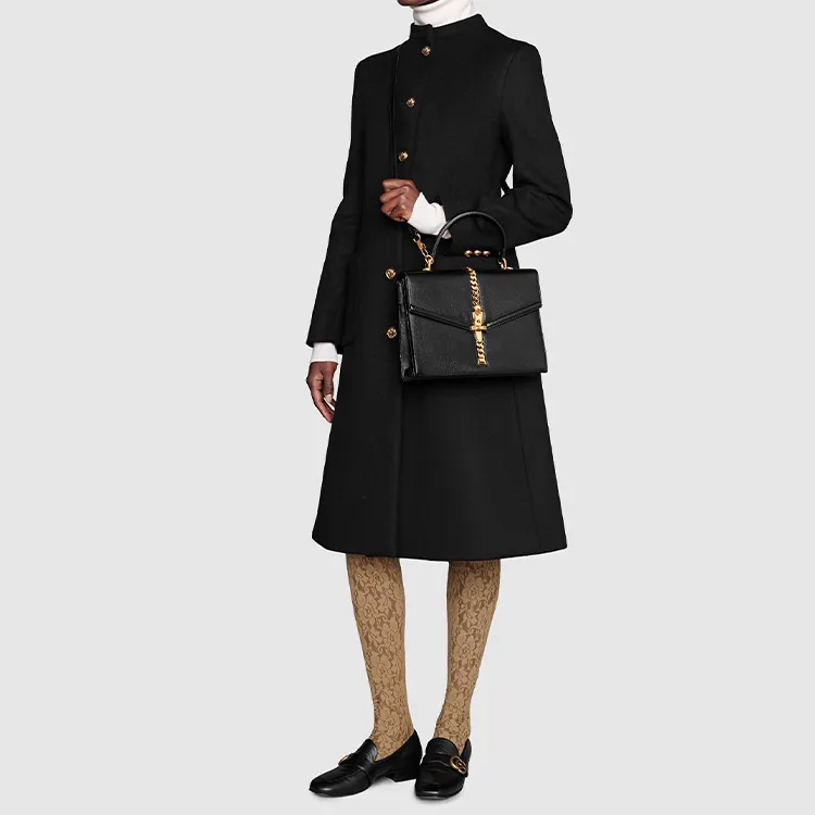 GUCCI Sylvie 1969 Leather Shoulder Bag Crossbody Bag Handbag Small Size Women's Black-7