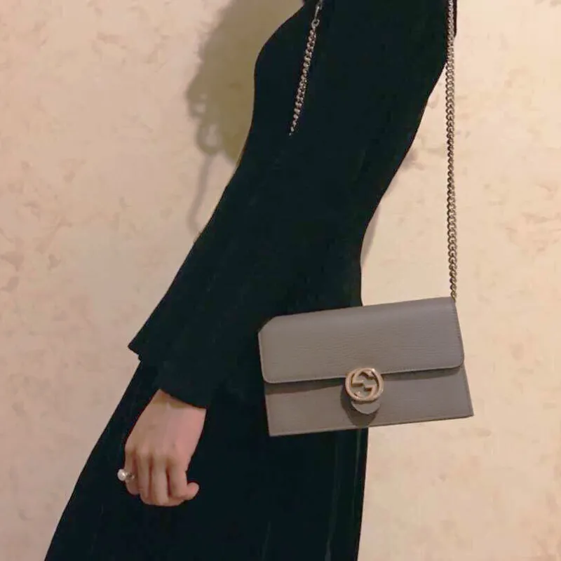 GUCCI Double G Leather WOC Chain Shoulder Messenger Bag Gray-5