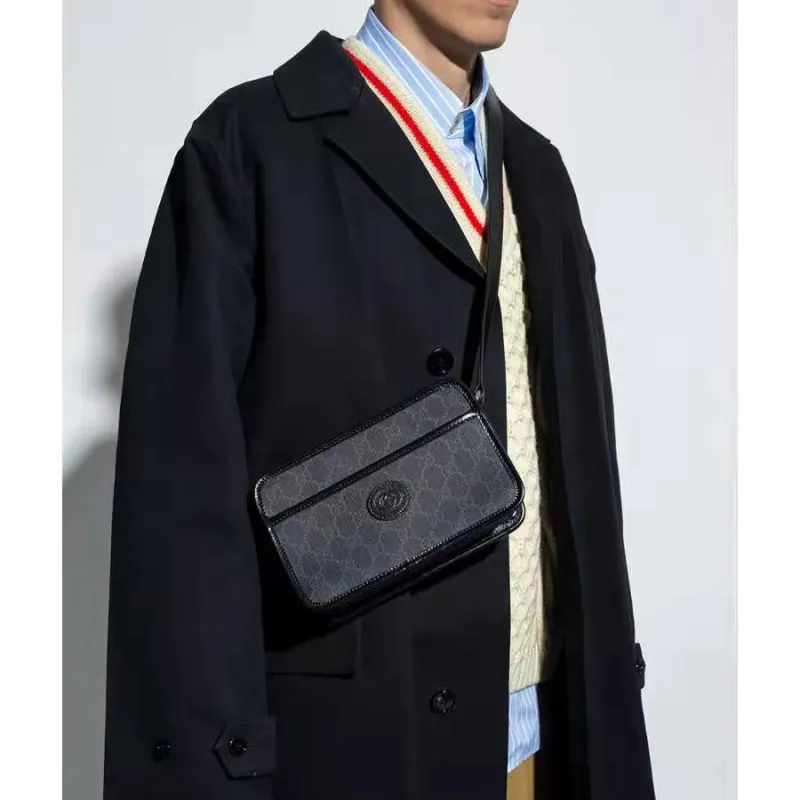 GUCCI Canvas With Leather Box Bag, Shoulder Bag, Crossbody Bag Mini Men's Black-5