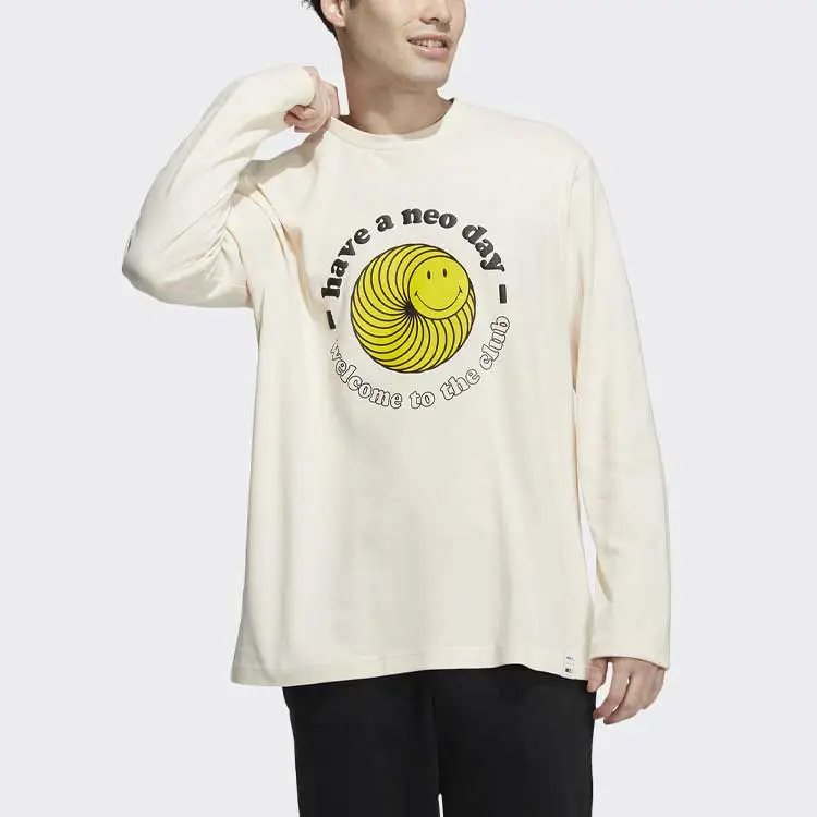 Adidas Neo x Smiley Crew Neck Loose Fit Straight Long Sleeved T Shirt Men's White-2