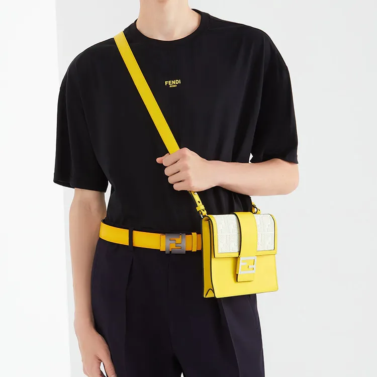 FENDI Baguette Canvas With Leather Baguette Bag, Shoulder Bag, Crossbody Bag Medium Size Men's Bright Yellow/Beige-4