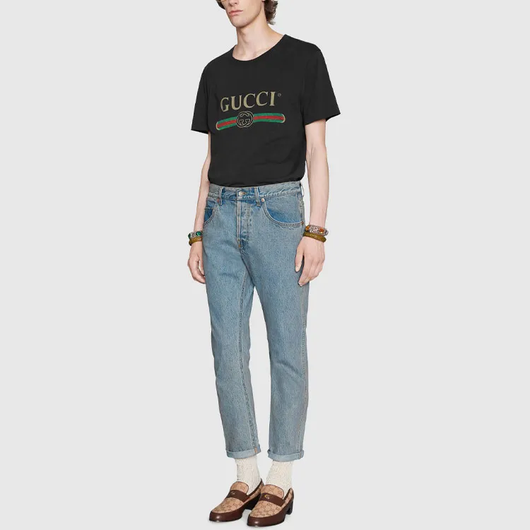 GUCCI Men Logo Washed Print T-shirt Black-3