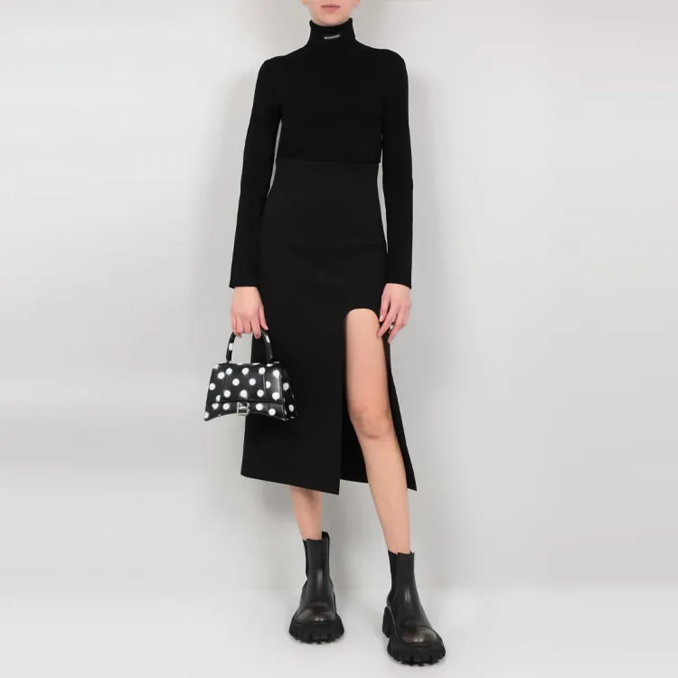 Balenciaga Women'ss Logo Patch Stretch Knit Turtleneck Sweater Black-2