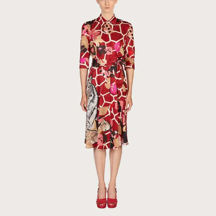 Ferragamo Short Sleeved Dresses Women's Red-2