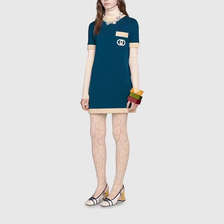 GUCCI Short Sleeved Dresses Women's Blue-4