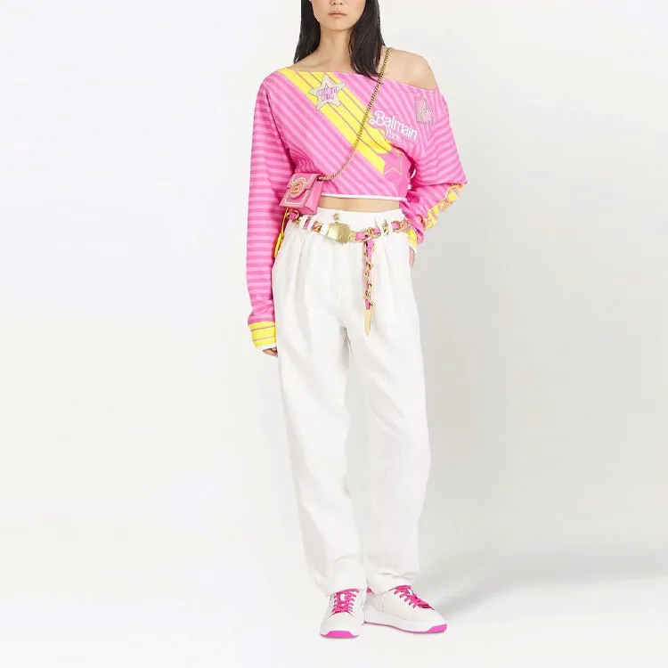 BALMAIN X Barbie Off Shoulder Cropped Top 'Pink'-1