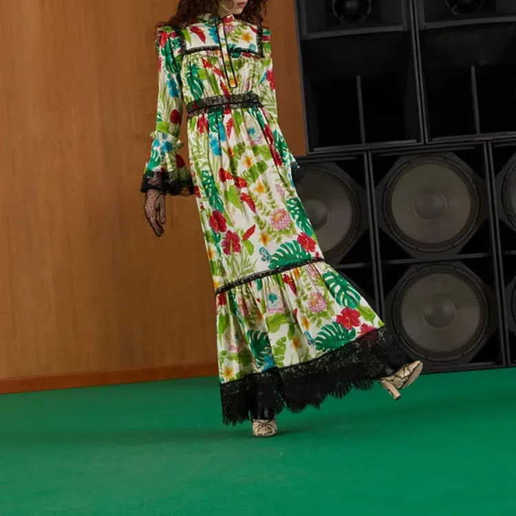GUCCI Floral Print Lace Trim Muslin Dress Multi-2