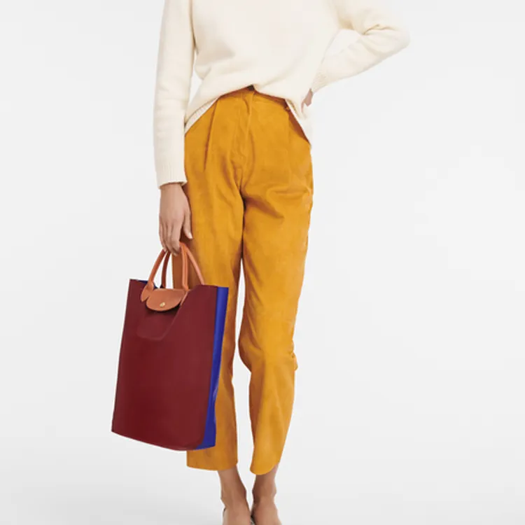 LONGCHAMP Le Pliage Canvas With Leather Trim Tote Bag Shopping Bag Handbag Women's Red & Blue-3