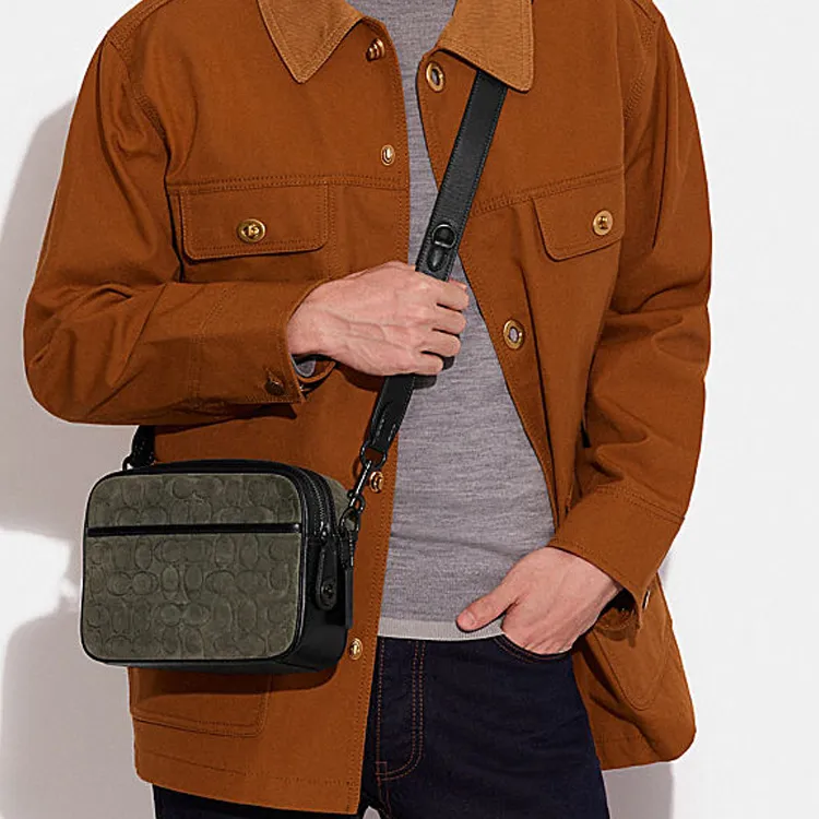 COACH Flight Leather Patchwork With Suede Shoulder Bag Crossbody Bag Medium Size Men's Gray Green-4