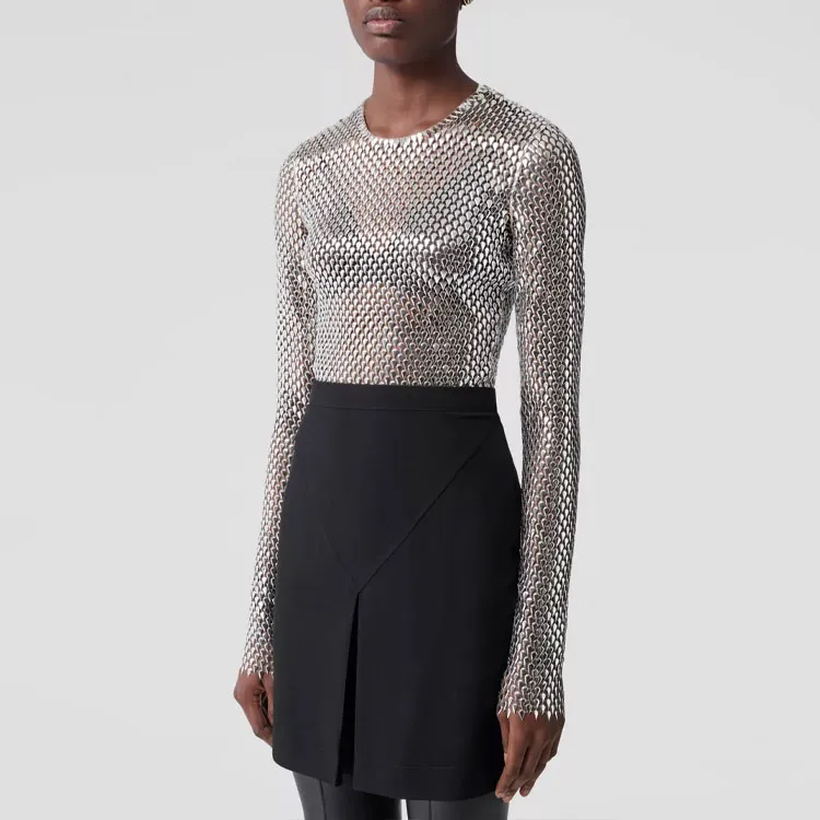 Burberry Metallic Paillette Embellished Mesh Top 'Silver'-3