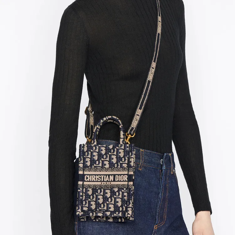 DIOR BookTote Embroidery Sheet Music Bag Smartphone Pocket Tote Bag Single Shoulder Crossbody Handbag Mini Women's Blue-6