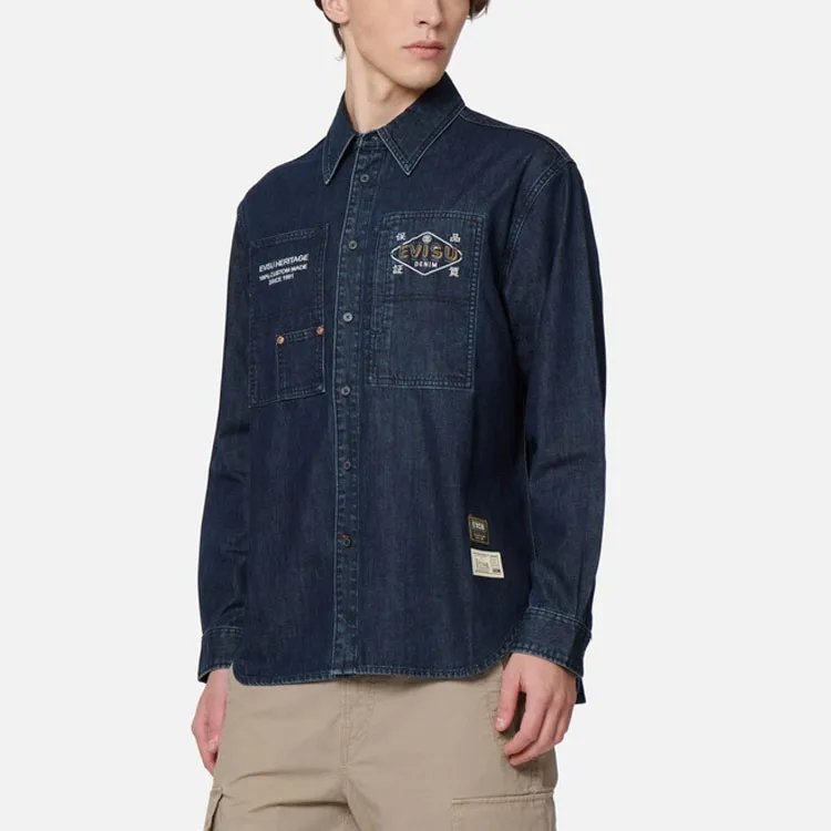 EVISU FW22 Letter Denim Shirt Spring Summer And Autumn Men's Denim Blue-2