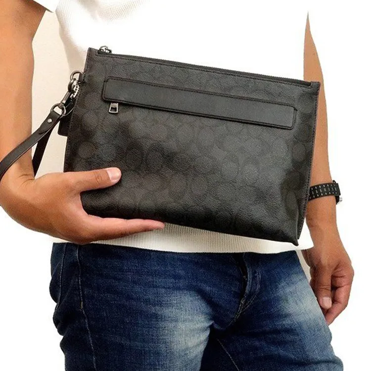 COACH Pouch Coated Canvas With Smooth Leather Wrist Bag Clutch Tubas Men's Charcoal Black Monogram-4