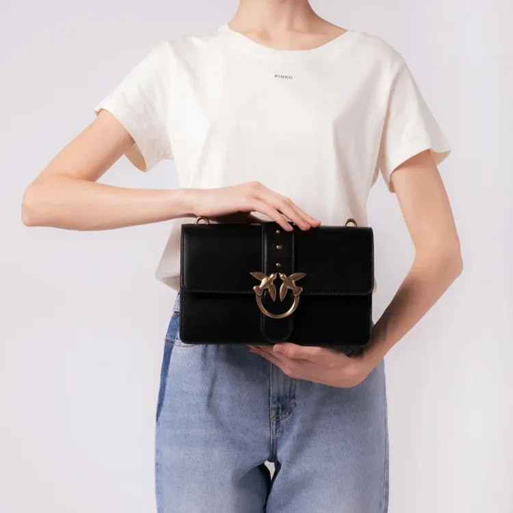 PINKO LOVE Series Cow Leather Flying Bird Bag Swan Bag Shoulder Bag Crossbody Bag Large Size Women's Black/Black Gold-5
