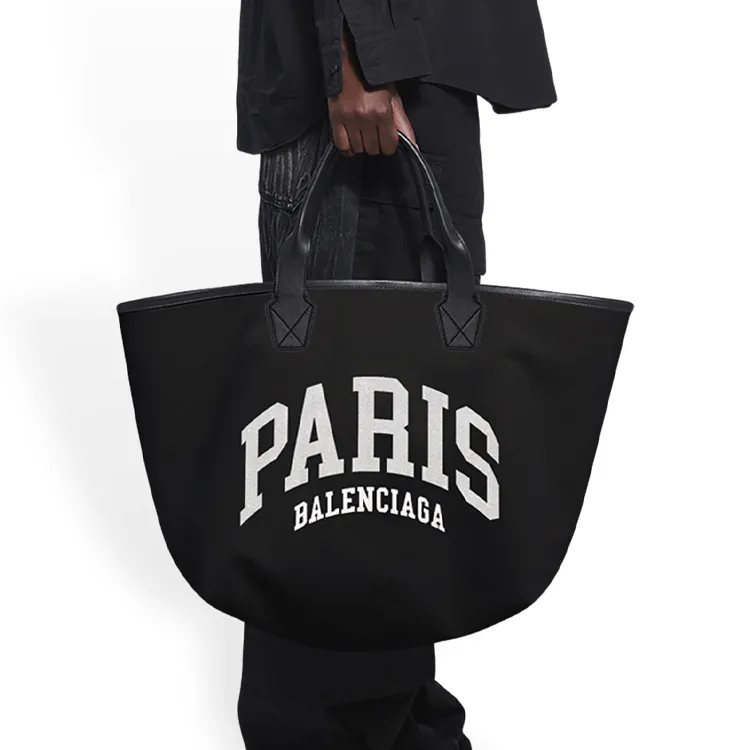 Balenciaga Cow Leather With Cotton Tote Bag Shopping Bag Shoulder Bag Handbag Large Size Women's Black-4