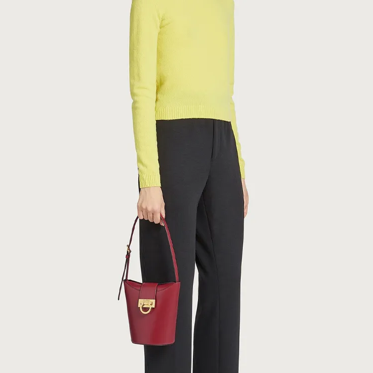 FERRAGAMO Trifolio Cow Leather French Fries Bag Bucket Bag Handbag Shoulder Bag Women's Red-4